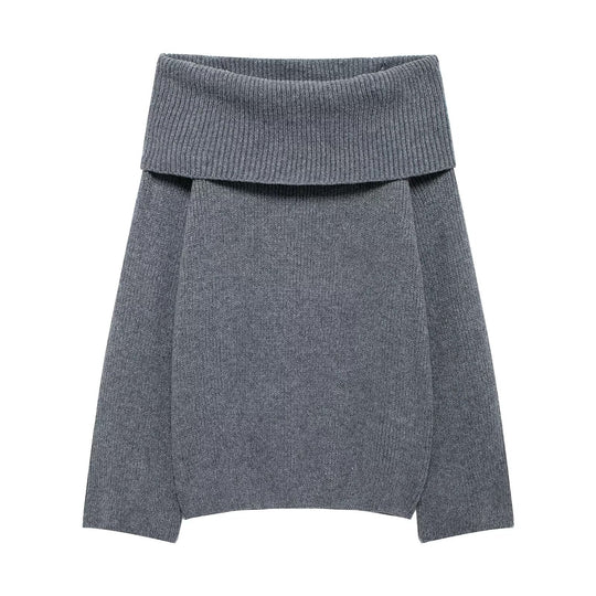 Damen Grobstrick-Oversize-Pullover mit weitem Umschlagkragen Nord Taschen