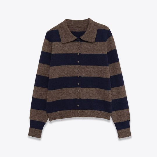 Damen Gestreifte Strickcardigan mit Hemdkragen und Knopfleiste Nord Taschen