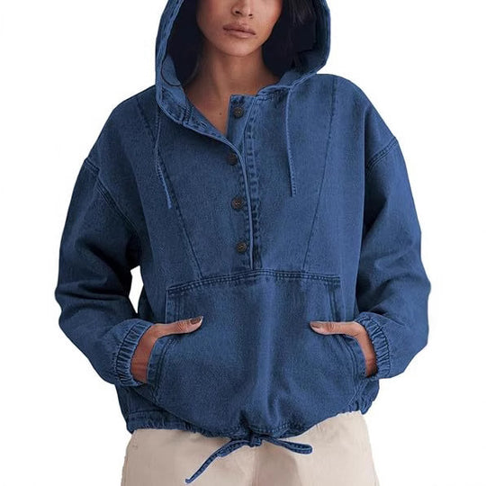 Damen Jeans-Halbanorak mit Kapuze, Kängurutasche und Tunnelzug Nord Taschen