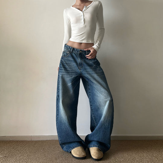 Damen Ultraweite Vintage-Denim Marlene-Jeans mit soften Used-Falten und bodenlangem Saum Nord Taschen