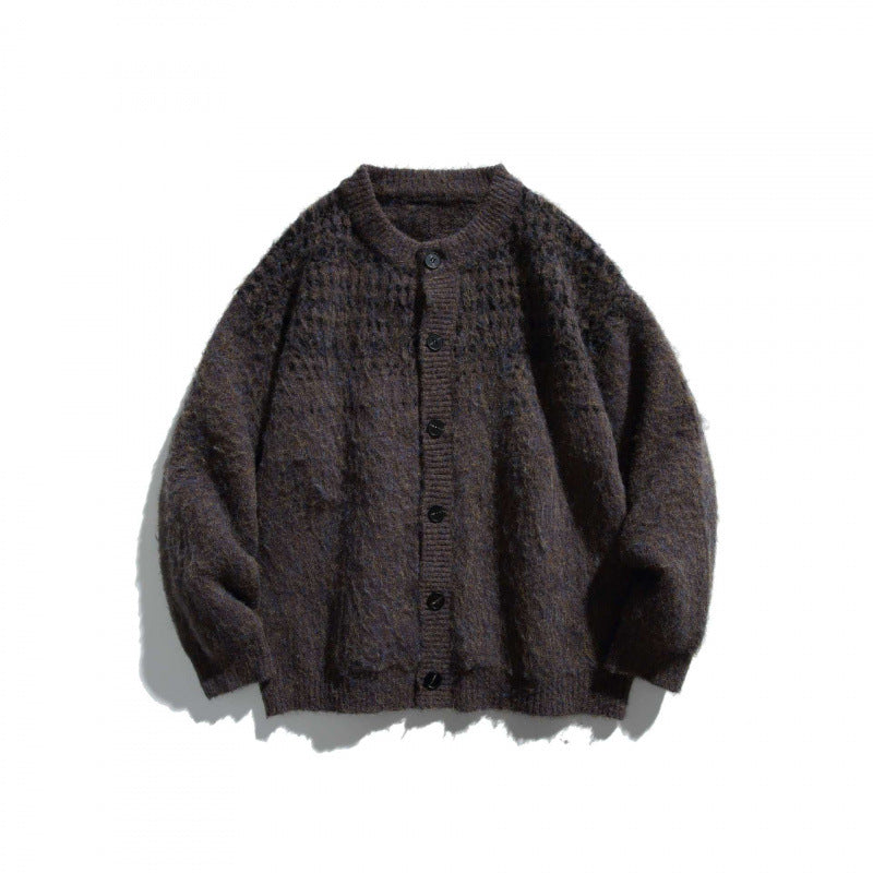 Unisex Grobgestrickte Oversize-Knopfleisten-Strickjacke aus Mohair-Mix mit Rundhals Nord Taschen