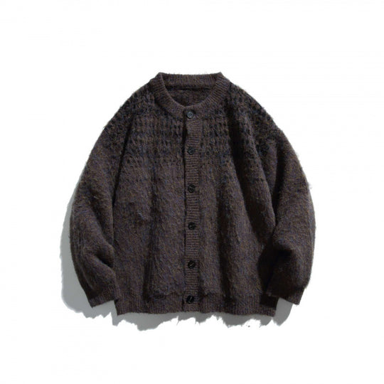 Unisex Grobgestrickte Oversize-Knopfleisten-Strickjacke aus Mohair-Mix mit Rundhals Nord Taschen