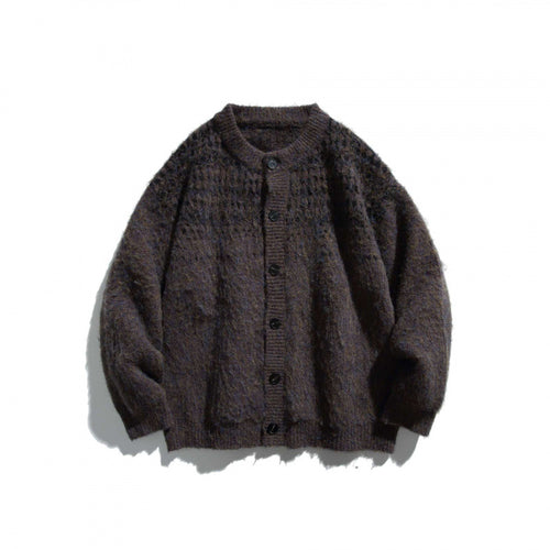 Unisex Grobgestrickte Oversize-Knopfleisten-Strickjacke aus Mohair-Mix mit Rundhals Nord Taschen