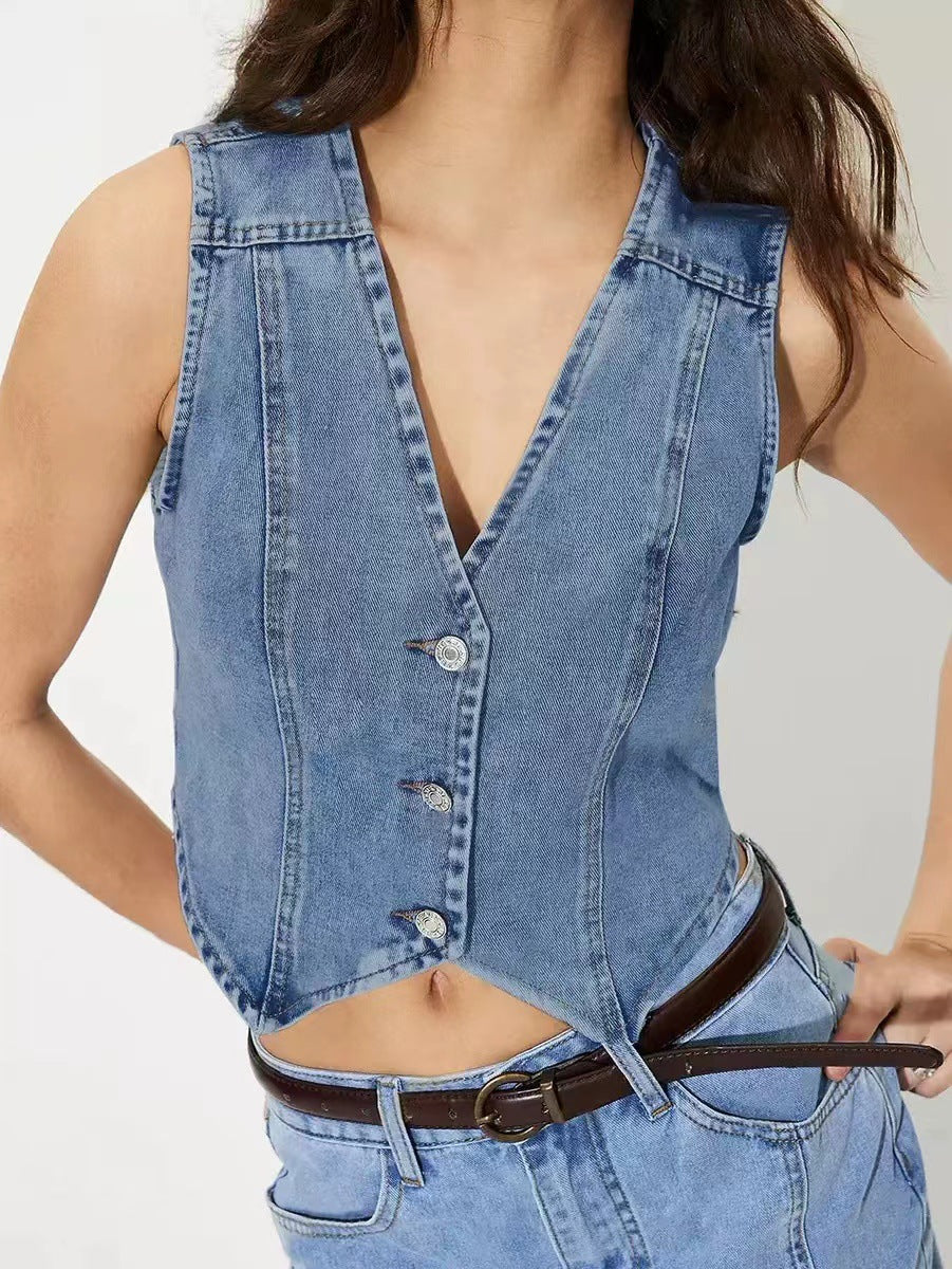 Damen taillierte ärmellose Jeansweste mit V-Ausschnitt Nord Taschen