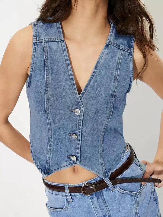 Damen taillierte ärmellose Jeansweste mit V-Ausschnitt Nord Taschen