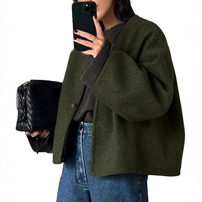 Damen Kurz geschnittene Oversize Wolljacke mit kastigem Schnitt und Ein-Knopf-Verschluss Nord Taschen