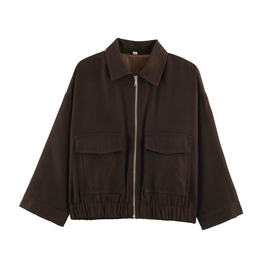 Damen Oversize Kurzjacke mit Metallreißverschluss, großen Pattentaschen und elastischem Saum Nord Taschen