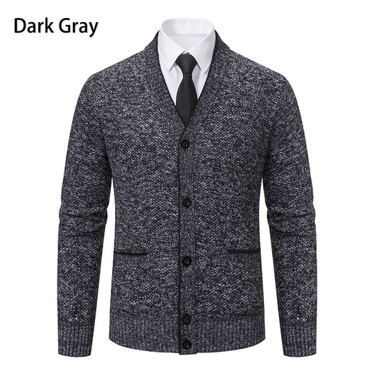 Herren melierter Strukturstrick-Cardigan mit V-Ausschnitt, Kontrastkanten und aufgesetzten Taschen Nord Taschen