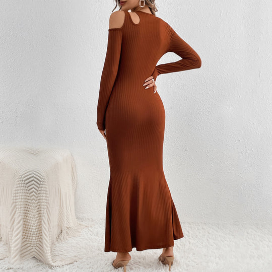 Damen geripptes Meerjungfrauen-Maxikleid mit Cold-Shoulder Cutouts, sculptender Passform und ausgestelltem Saum Nord Taschen