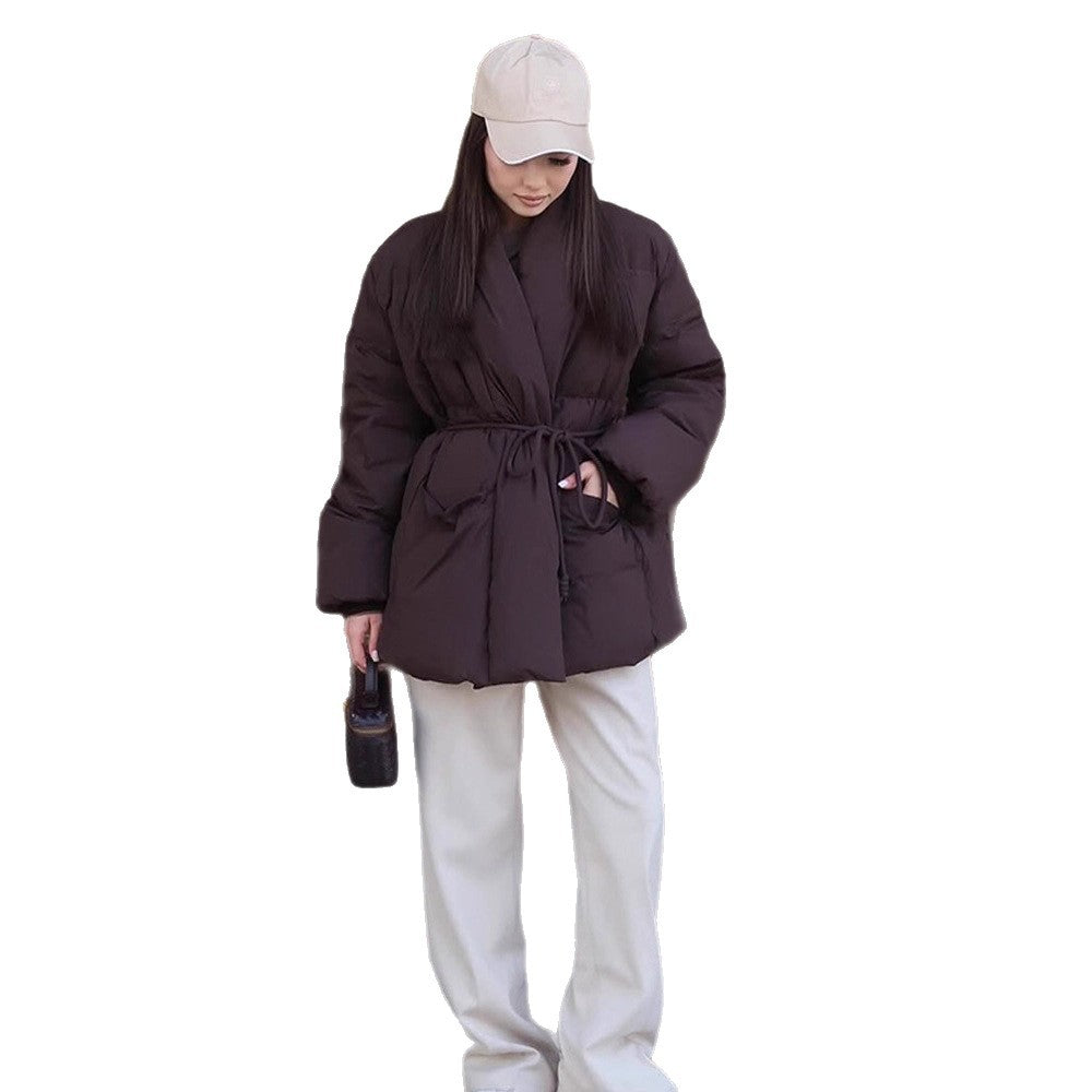 Damen Gesteppte Taillierte Steppjacke mit Schalkragen und Bindegürtel Nord Taschen