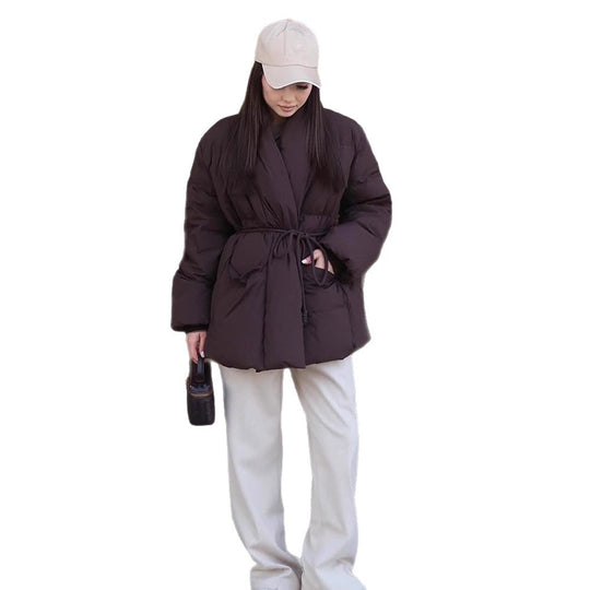 Damen Gesteppte Taillierte Steppjacke mit Schalkragen und Bindegürtel Nord Taschen