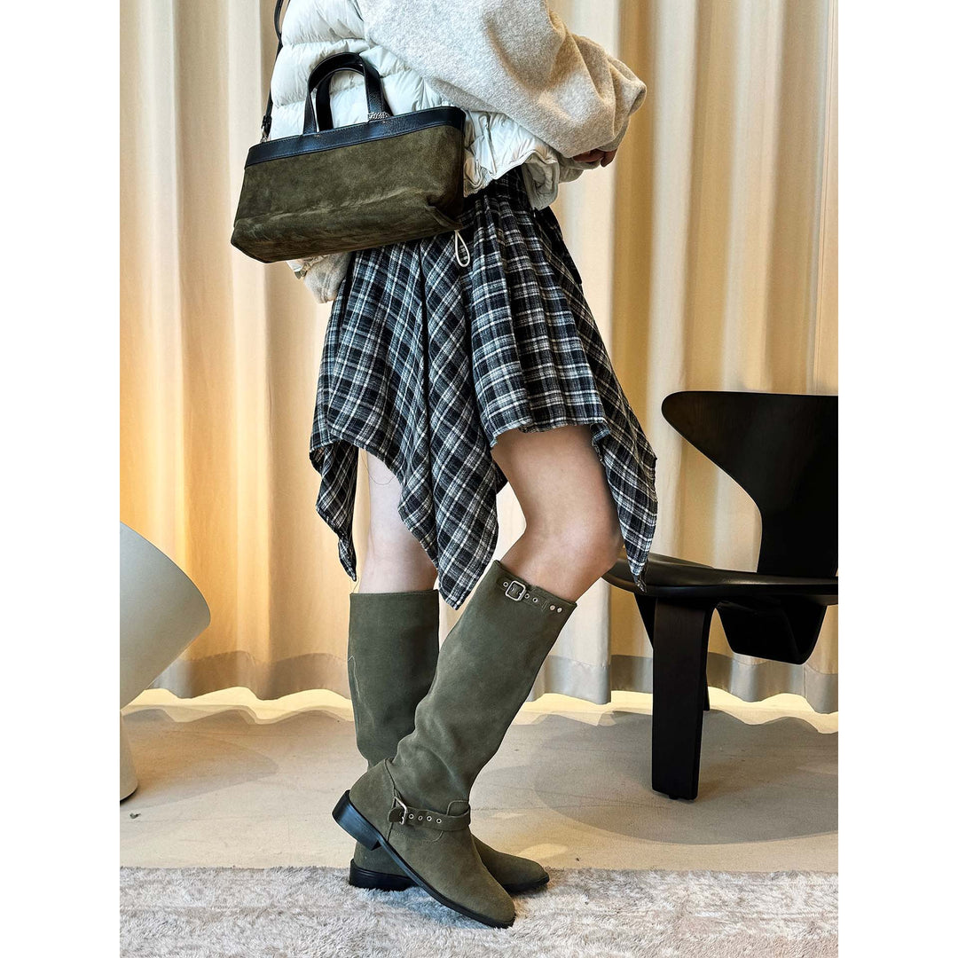 Damen Slouch-Kniestiefel aus Veloursleder mit verstellbarem Schnallenriemen Nord Taschen