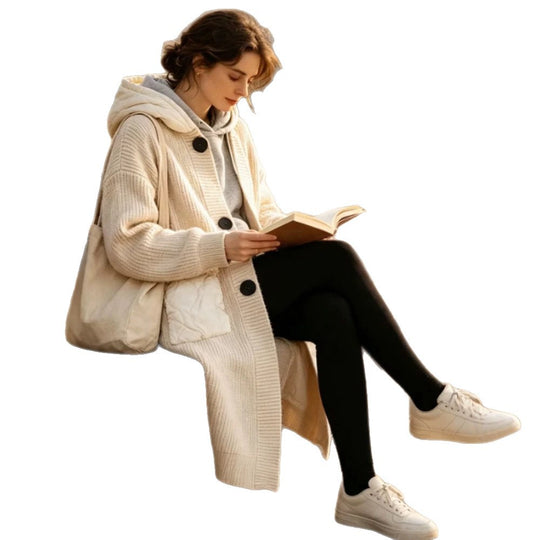 Damen Langer Grobstrick‑Mantel mit Kapuze, Rippbündchen & aufgesetzten Taschen Nord Taschen