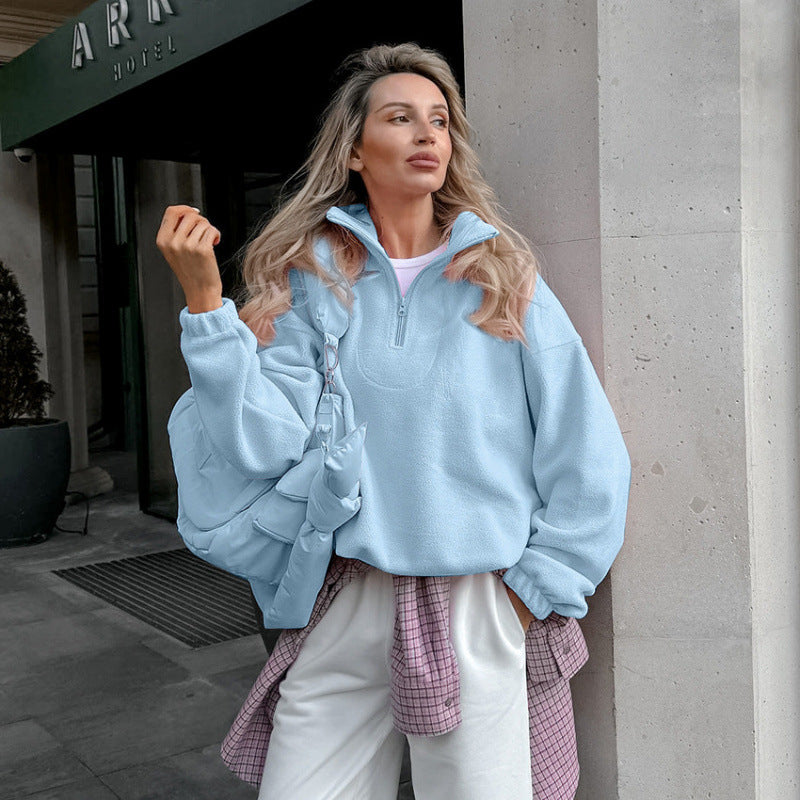 Damen Oversized Fleecepullover mit halbem Reißverschluss und Stehkragen Nord Taschen