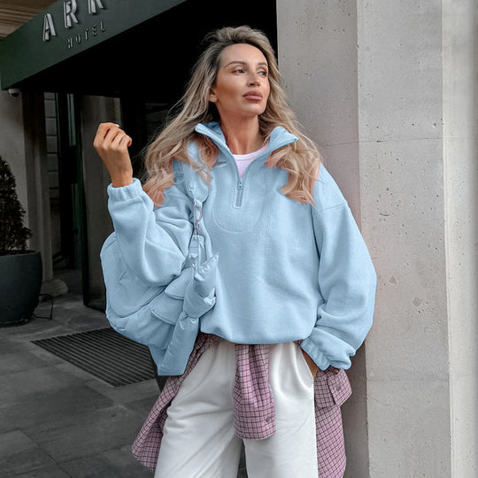Damen Oversized Fleecepullover mit halbem Reißverschluss und Stehkragen Nord Taschen