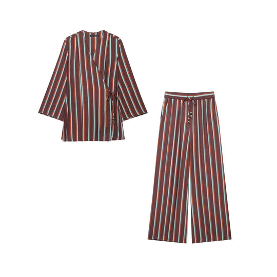Damen Gestreiftes Wickel-Kimono-Set mit weiter Palazzo-Hose Nord Taschen