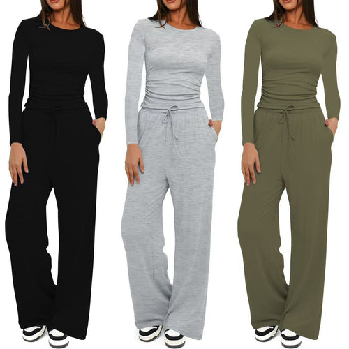 Damen Figurbetontes Longsleeve mit seitlicher Raffung und High-Waist Palazzo-Jogginghose Set Nord Taschen