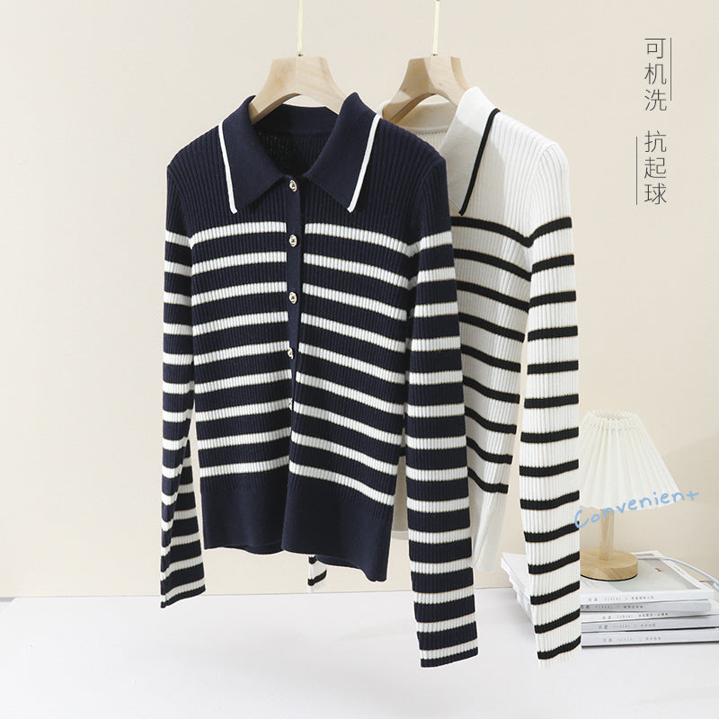 Damen Marin-inspiriertes Rippenstrick-Cardigan mit Polokragen und Zierknopfleiste Nord Taschen