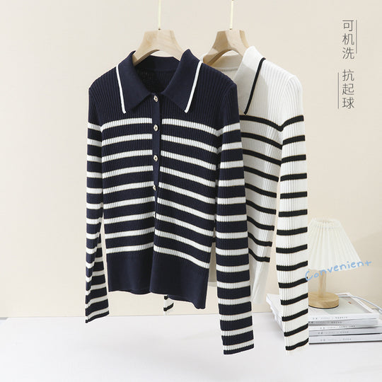 Damen Marin-inspiriertes Rippenstrick-Cardigan mit Polokragen und Zierknopfleiste Nord Taschen