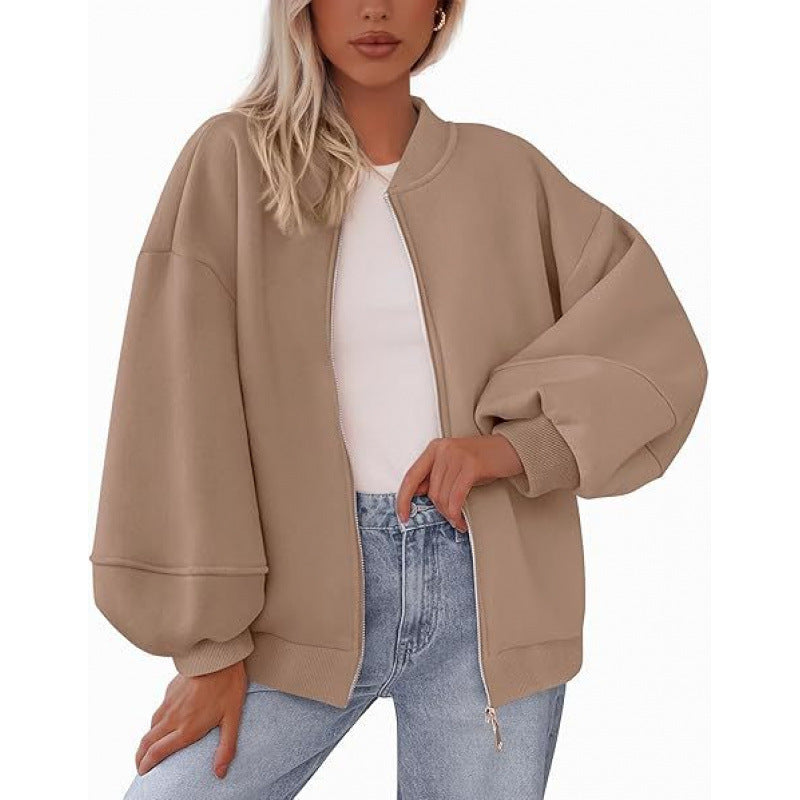 Damen lässige Oversized-Jacke mit Reißverschluss und ballonen Ärmeln