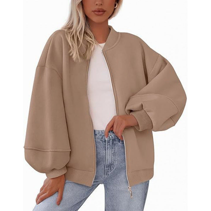 Damen lässige Oversized-Jacke mit Reißverschluss und ballonen Ärmeln