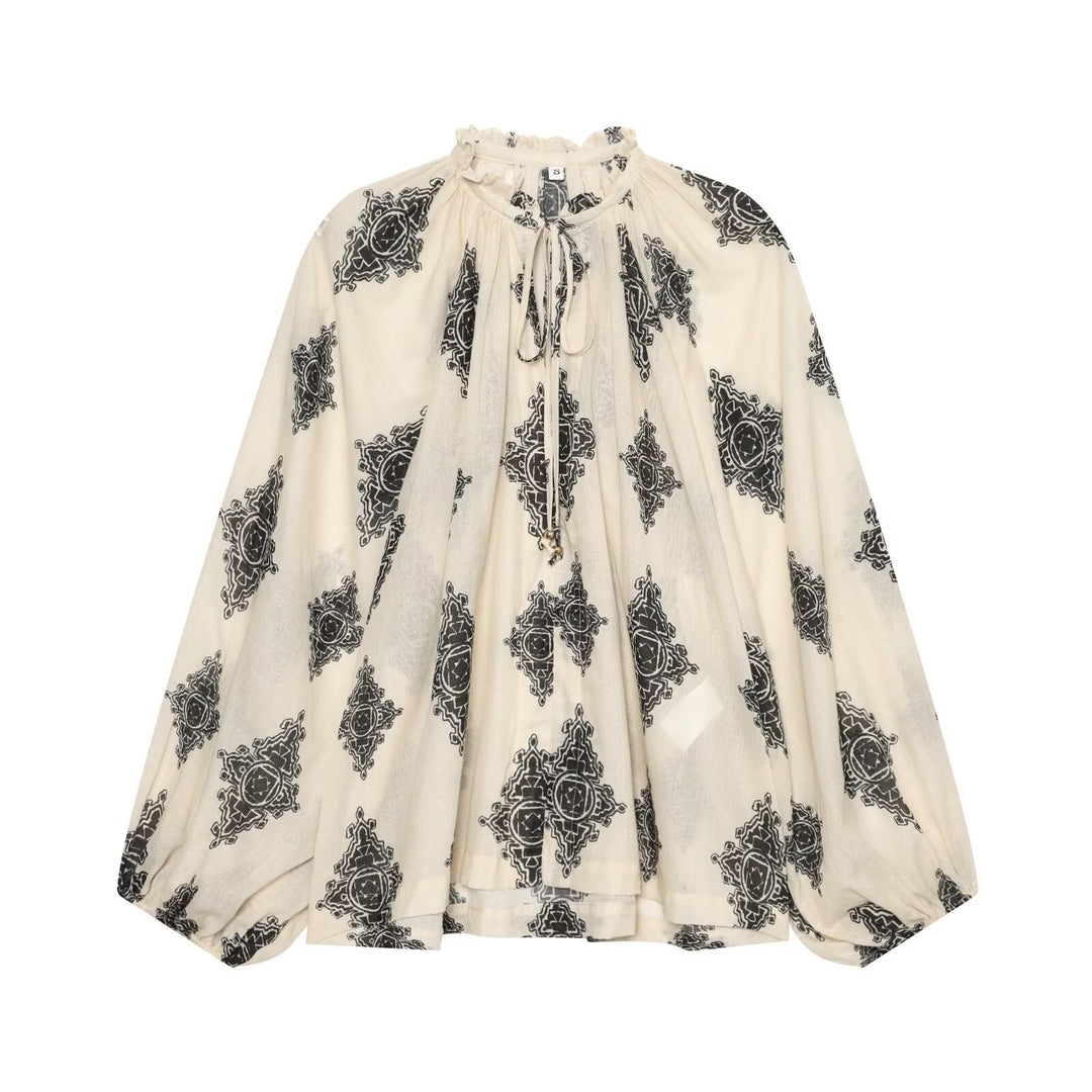 Damen Leichte Chiffon-Tunika mit Rüschenkragen, Bindeband und Ballonärmeln Nord Taschen
