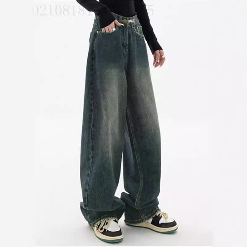 Damen hochgeschnittene extraweite Baggy-Jeans mit überlangem Saum und Vintageoptik Nord Taschen