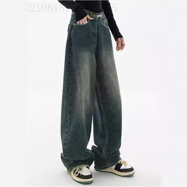 Damen hochgeschnittene extraweite Baggy-Jeans mit überlangem Saum und Vintageoptik Nord Taschen