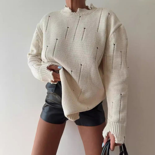 Damen Oversized Grobstrickpullover mit Distressed-Details und geripptem Saum Nord Taschen