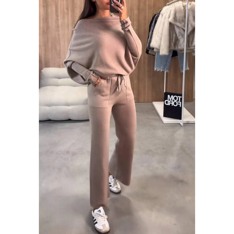Damen Strick-Loungewear-Set mit Oversize-Schulter, weitem Bein und Kordelzug Nord Taschen