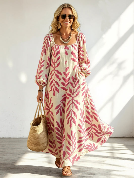 Damen Maxikleid mit quadratischem Ausschnitt, Ballonärmeln und botanischem Print Nord Taschen