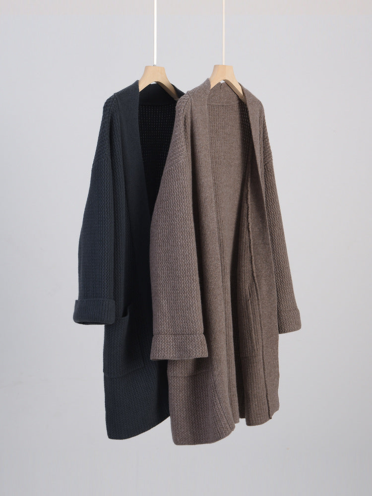 Damen Langer Oversize-Strickcardigan mit Strukturmuster und aufgesetzten Taschen Nord Taschen