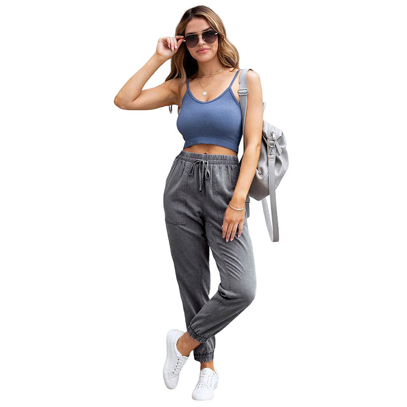 Damen Denim-Joggerhose mit Cargo-Taschen und elastischem Tunnelzugbund Nord Taschen
