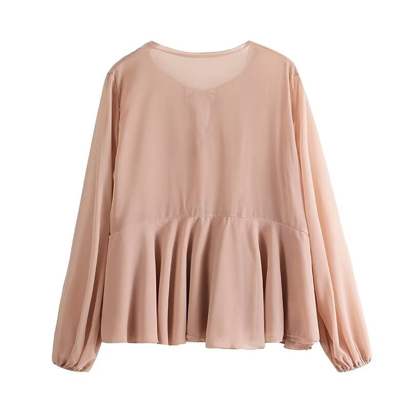 Damen Weiche Chiffonbluse mit Schnürung, V‑Ausschnitt und Volantsaum Nord Taschen