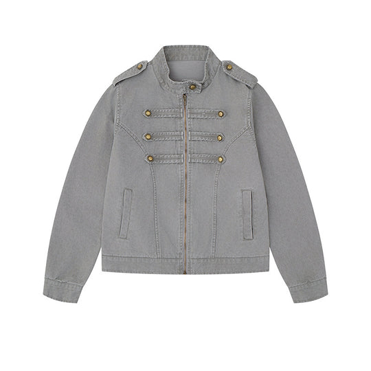 Damen Military-inspirierte Baumwoll-Canvas-Jacke mit Stehkragen, Zierknopfleisten und Schulterpatten Nord Taschen