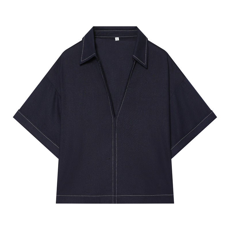 Damen Boxy‑Hemdbluse mit offenem V‑Ausschnitt, kurzem Oversize‑Arm und Kontrastnaht Nord Taschen