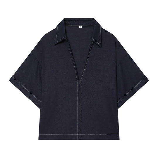 Damen Boxy‑Hemdbluse mit offenem V‑Ausschnitt, kurzem Oversize‑Arm und Kontrastnaht Nord Taschen