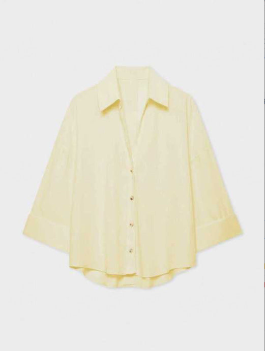 Damen Leichte Oversize Leinenoptik Bluse mit Dreiviertelärmeln und durchgehender Knopfleiste Nord Taschen