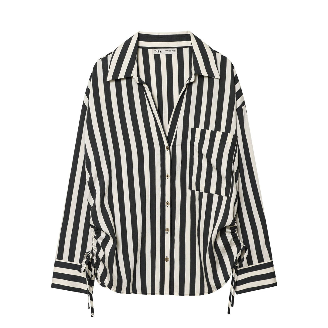 Damen Oversized Hemdbluse mit vertikalem Streifenmuster und Seitenschnürung Nord Taschen