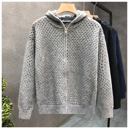 Unisex Leichte Lochstrick-Kapuzenzipjacke mit Ajourmuster Nord Taschen