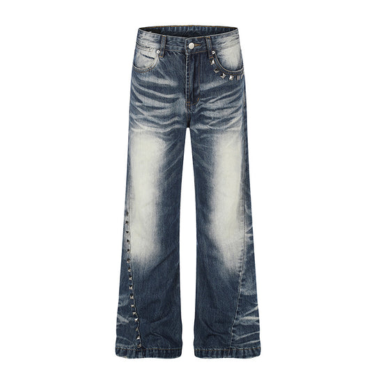 Damen Hochtaillierte weite Schlagjeans mit Used‑Waschung und Nietenbesatz Nord Taschen