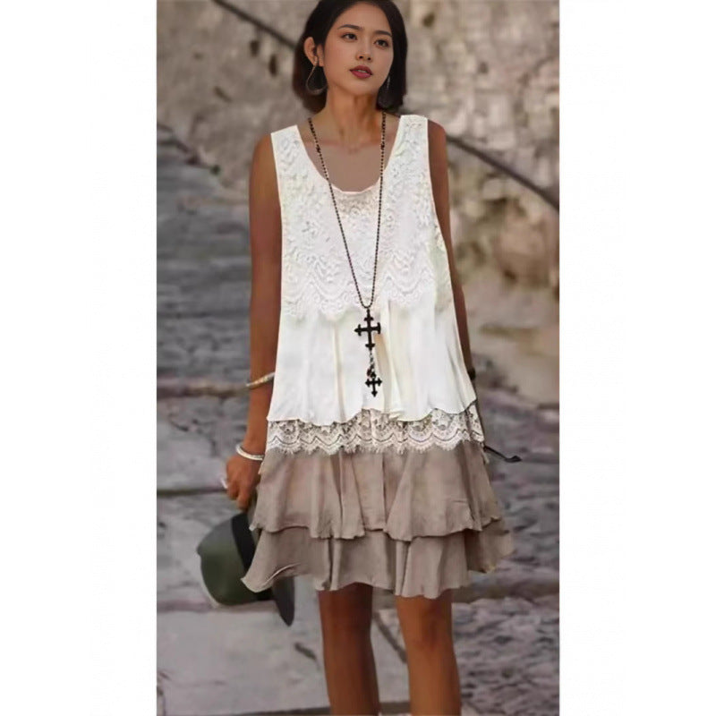 Damen lässiges Strandkleid mit Spitzenverzierung und voluminösem Rüschensaum