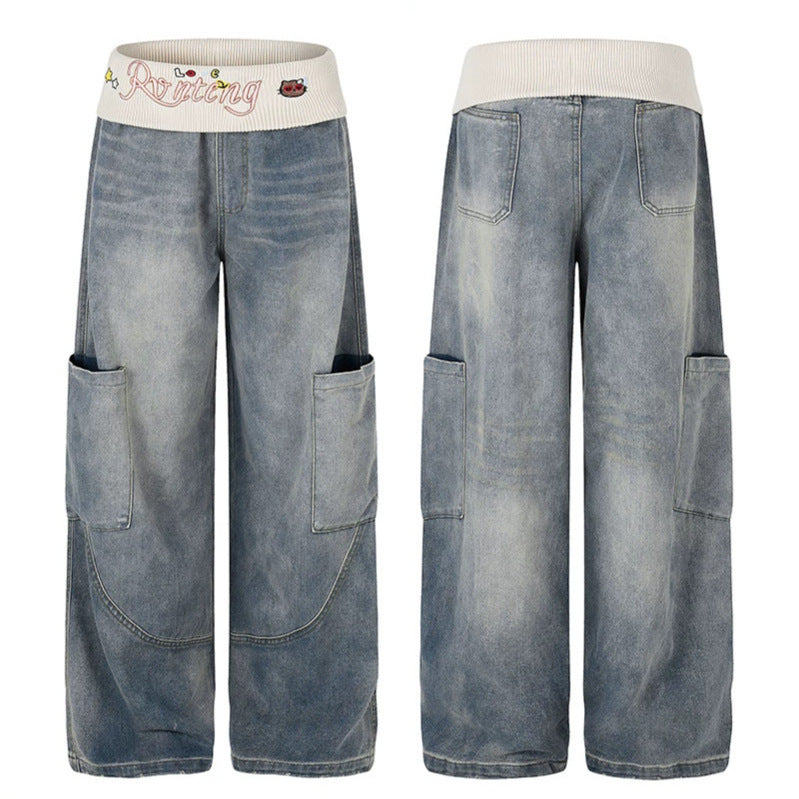 Damen Weite Denim-Palazzo-Cargo-Hose mit Komfort-Rippbund und aufgesetzten Taschen Nord Taschen
