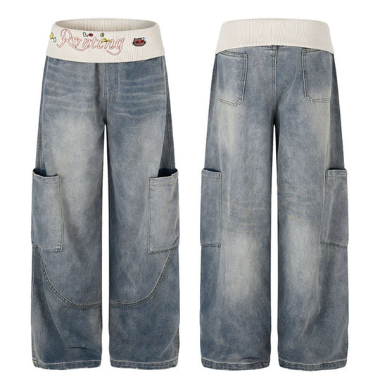 Damen Weite Denim-Palazzo-Cargo-Hose mit Komfort-Rippbund und aufgesetzten Taschen Nord Taschen