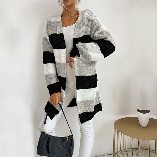 Damen Lässiger Strickmantel mit Streifen Nord Taschen