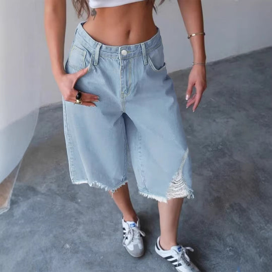 Damen Weite Denim-Culotte mit hohem Bund, Distressed-Details und rohem Saum Nord Taschen