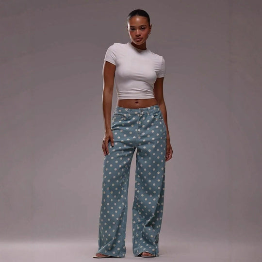 Damen weite Polka-Dot Palazzo-Hosen mit high-waist Schnitt