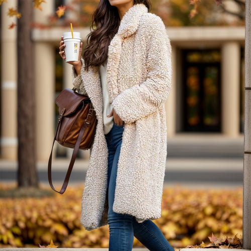 Damen Langer Teddy-Mantel aus Kunstfell mit Oversize-Schnitt und Schalkragen Nord Taschen
