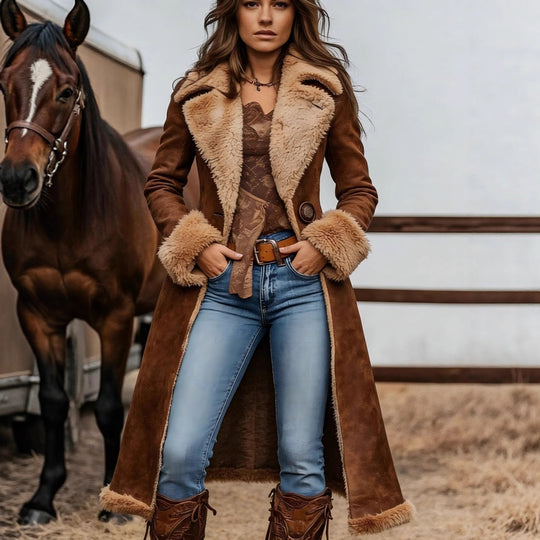 Damen Langer Veloursleder‑Look Mantel mit Lammfell‑Imitatfutter und dekorativer Doppelknopfleiste Nord Taschen