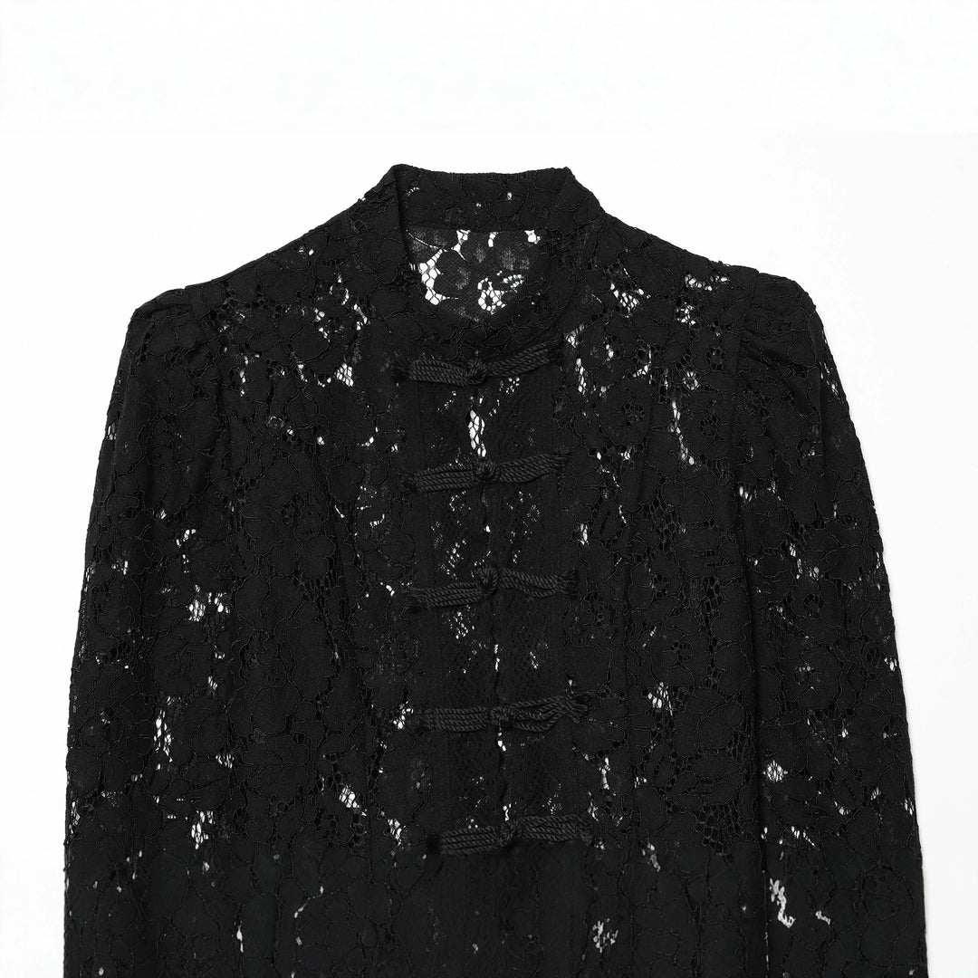 Damen Transparente Spitzenjacke im chinesischen Stil mit Stehkragen und Knotenverschlüssen Nord Taschen